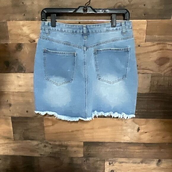 Forever 21 Skirt Blue Jean 5 Pockets Distressed Denim Button Zip Front Large - Picture 7 of 8
